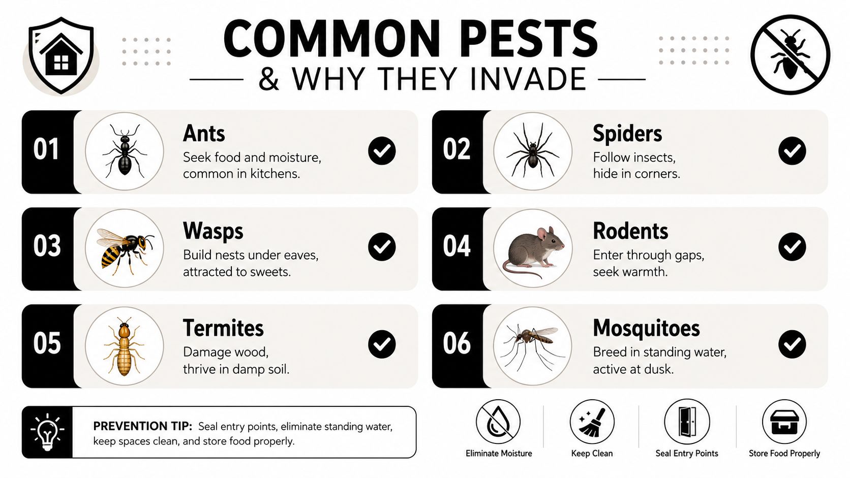 An infographic detailing common household pests like ants, spiders, and rodents, plus their prevention tips and behaviors.