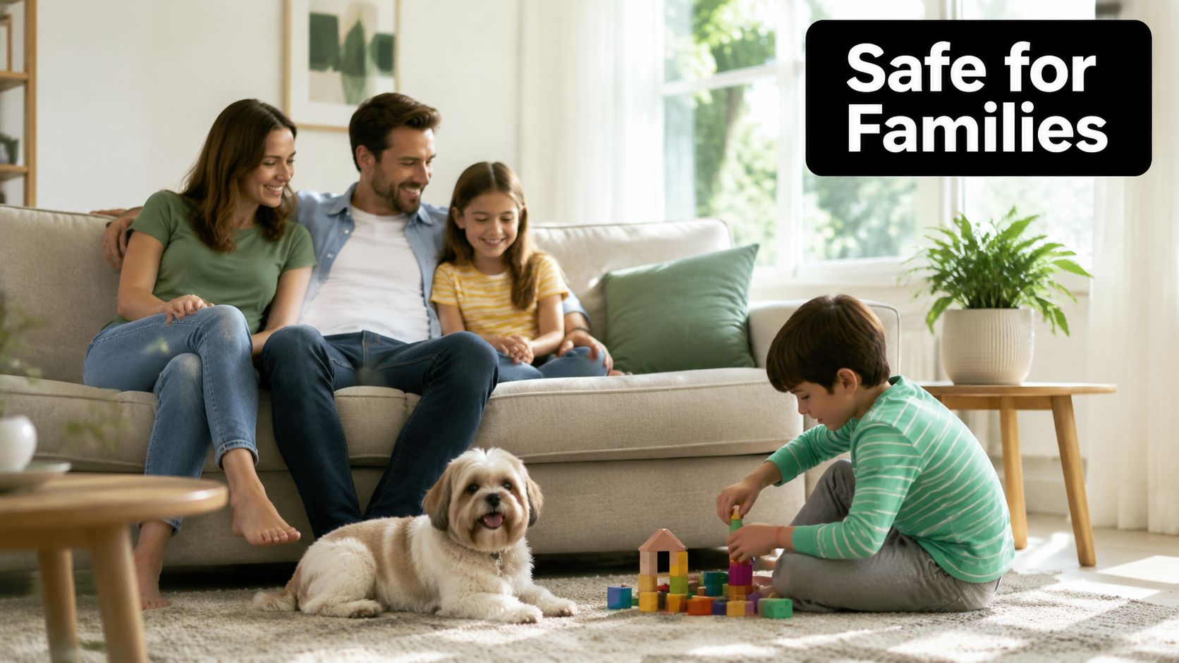 A happy family relaxing in a bright living room while their small dog sits near a boy playing with wooden building blocks.