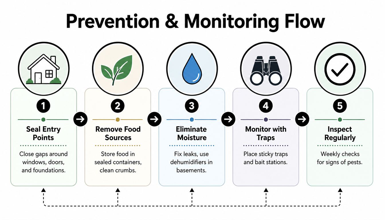 A flow chart illustrating five key steps for organic pest control prevention and monitoring procedures.