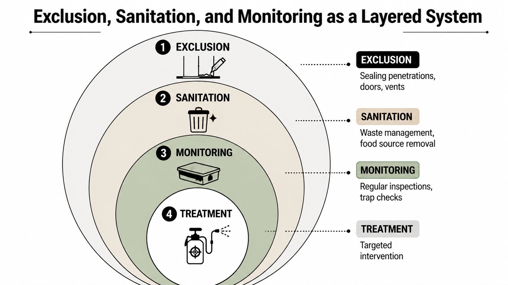 A diagram illustrating a four-layer pest control system consisting of exclusion, sanitation, monitoring, and targeted treatment strategies.