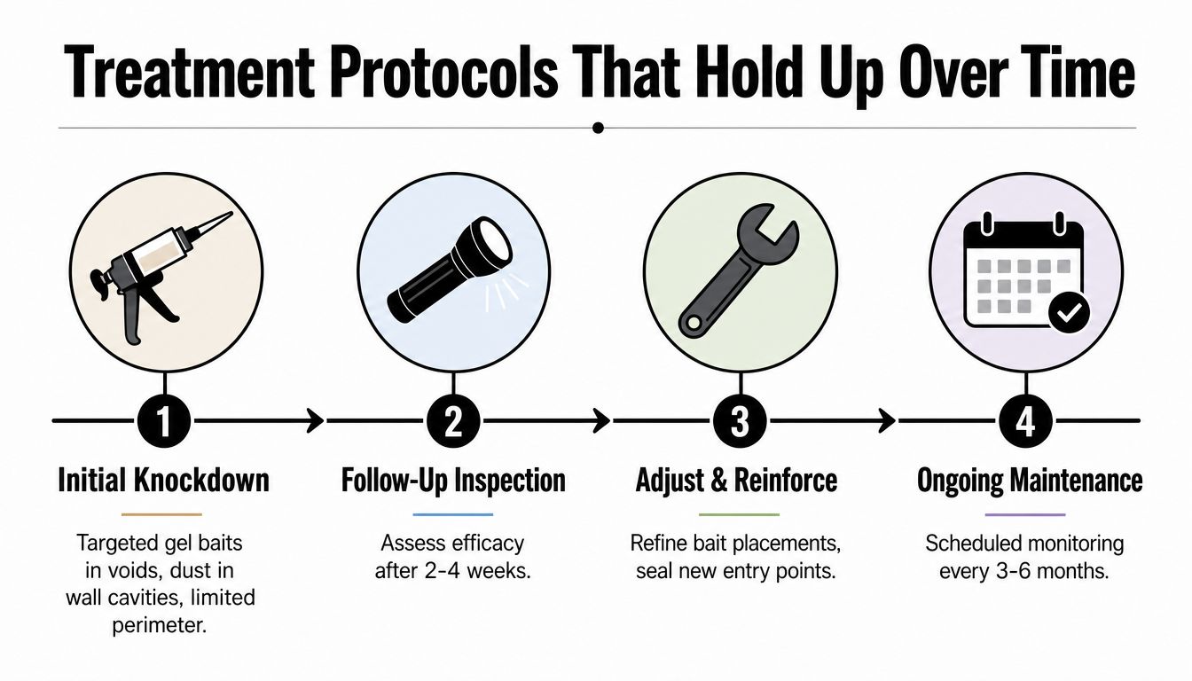 A four-step infographic illustrating professional pest control treatment protocols for maintaining long-term building health.