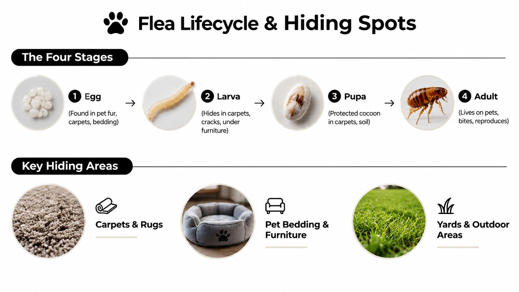 A diagram illustrating the four life stages of a flea and their common household hiding areas.