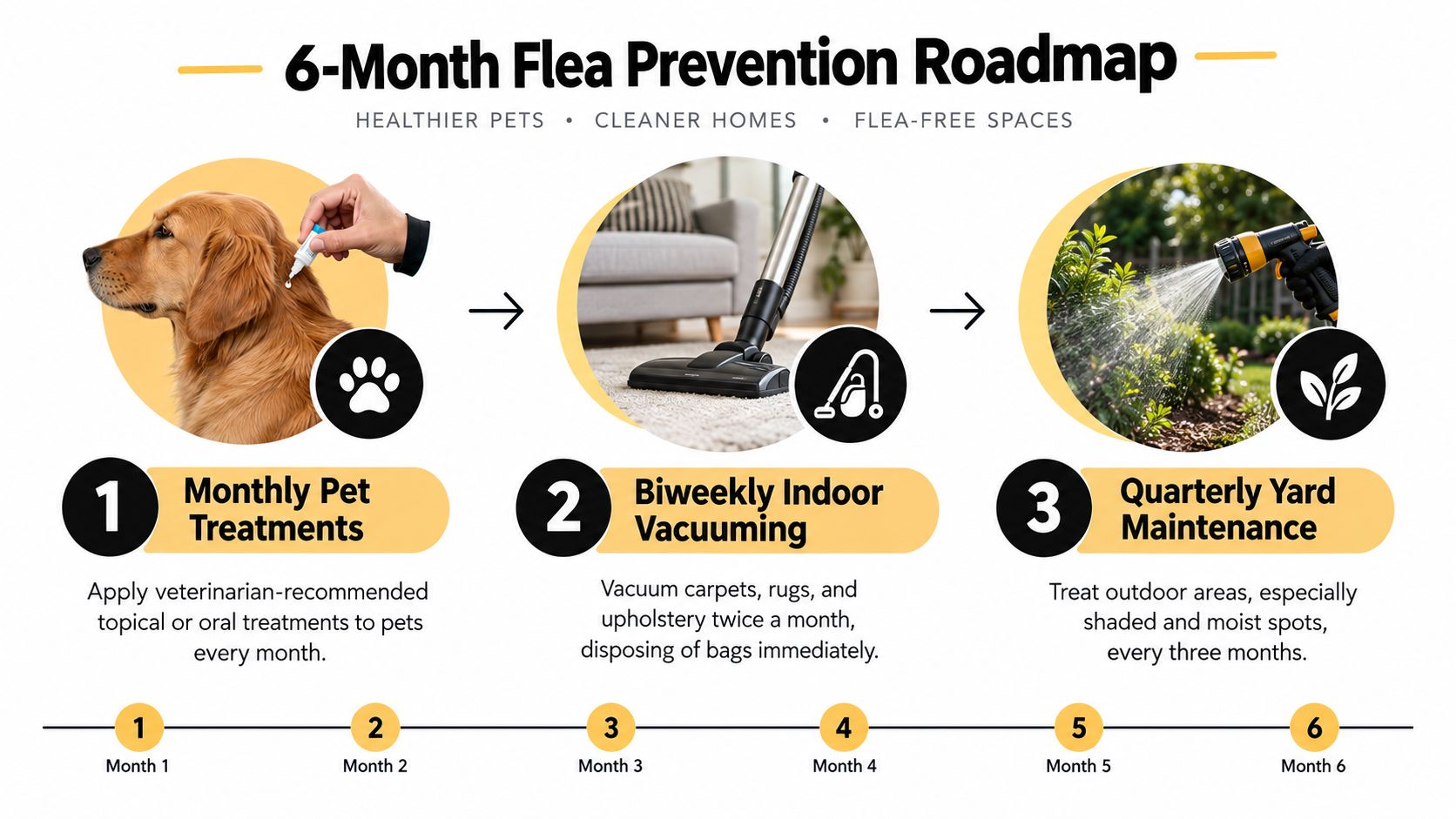A 6-month flea prevention roadmap infographic illustrating monthly pet treatments, biweekly indoor vacuuming, and quarterly yard maintenance steps.