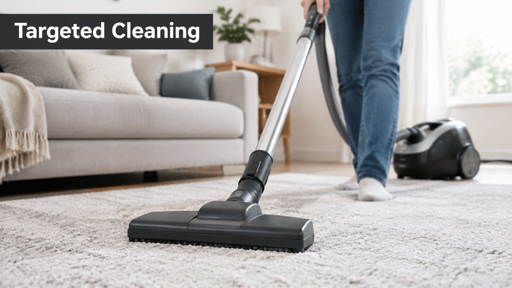 A person using a vacuum cleaner to deep clean a carpeted living room floor for pest control.