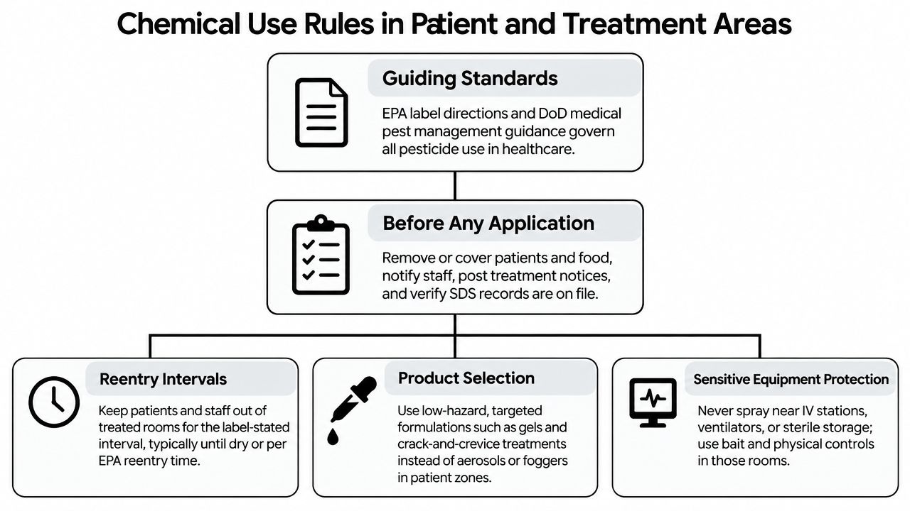 A flowchart outlining safety protocols for chemical pest control applications within hospital patient and treatment areas.