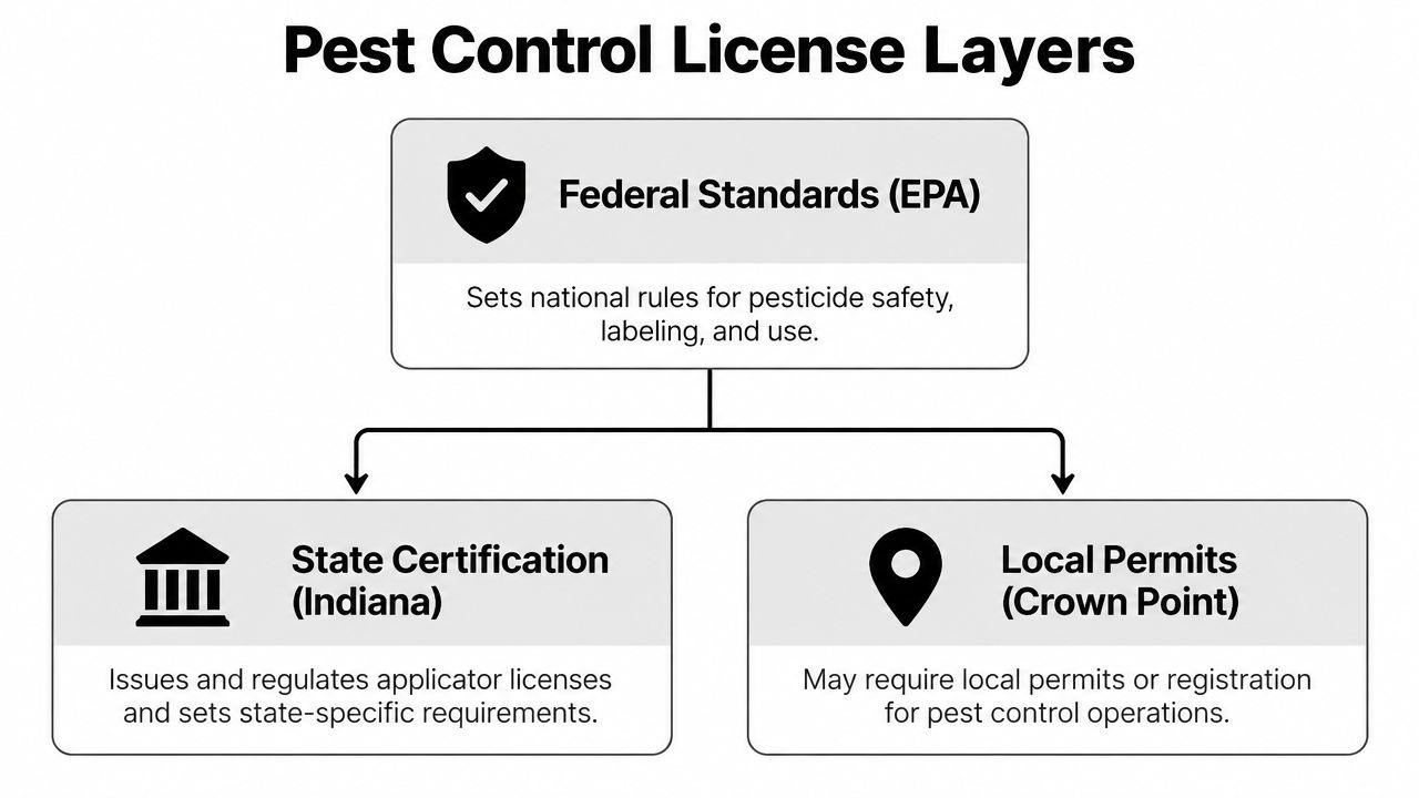 A diagram illustrating the three-tier hierarchy of pest control licensing from federal to local government levels.