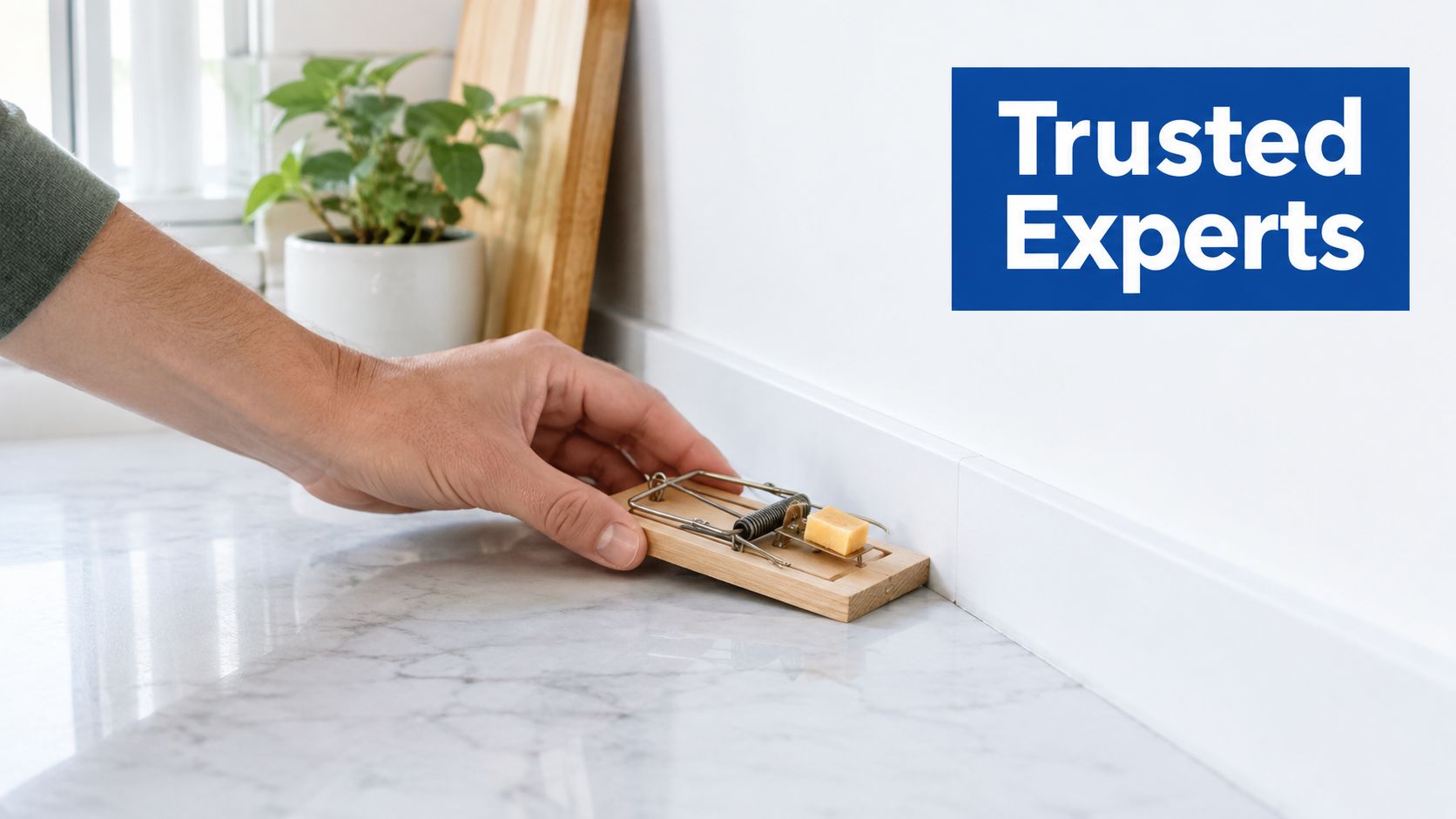 A hand carefully setting a wooden mouse trap with a piece of cheese on a marble countertop.