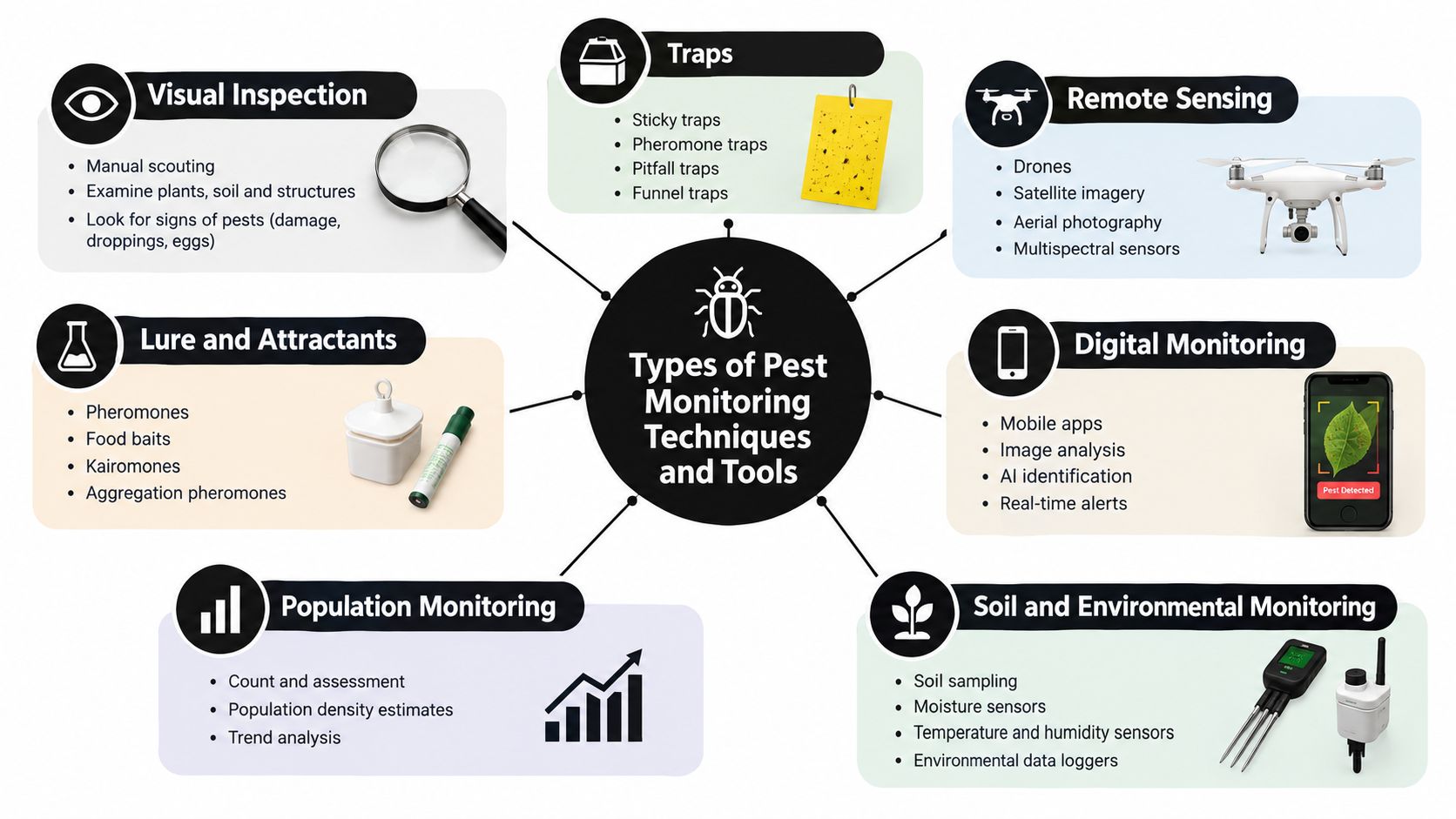 A diagram illustrating various pest monitoring techniques and tools used in agriculture and pest management.