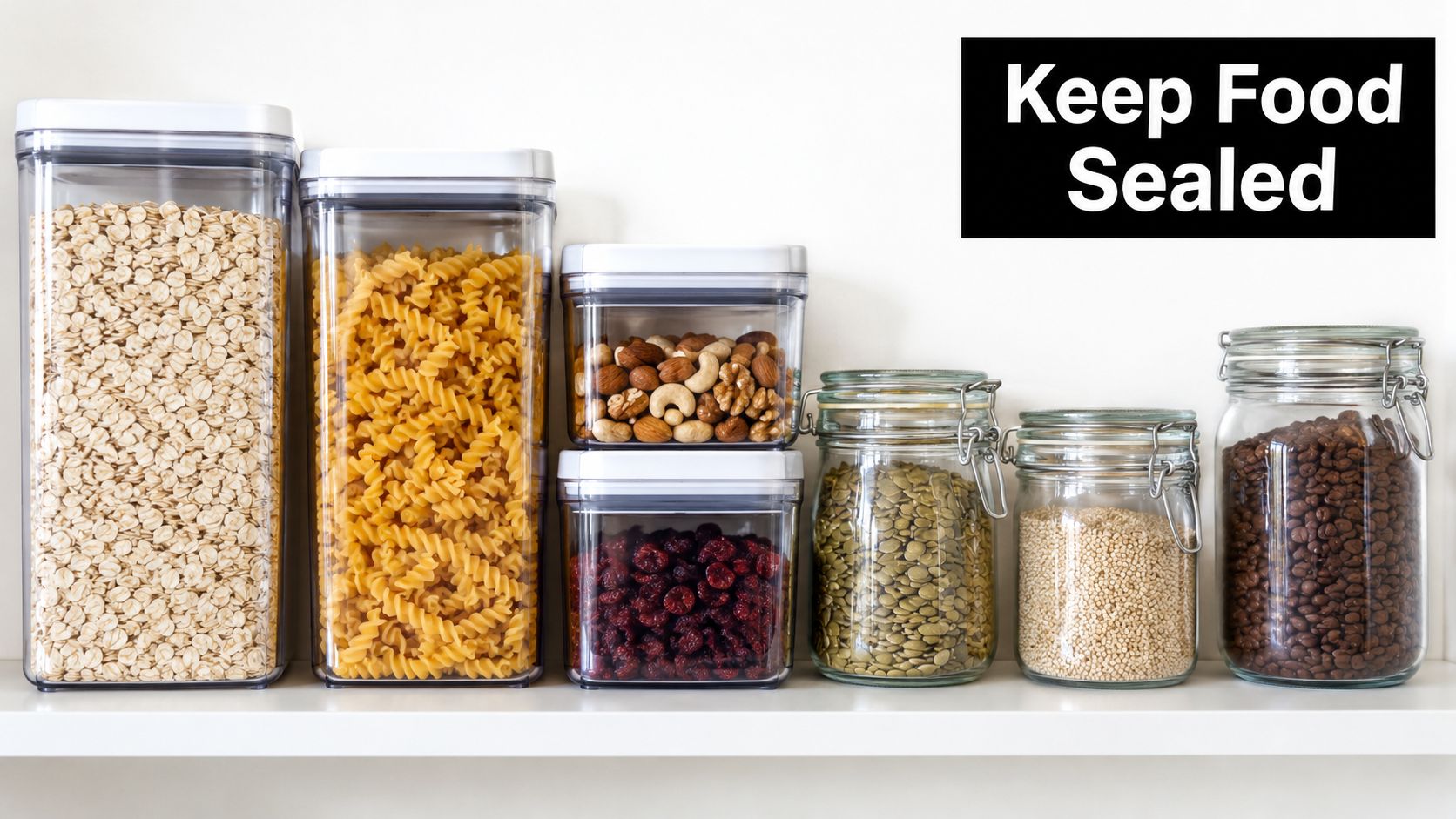A shelf displays various airtight storage containers and glass jars filled with dry grains and pantry staples.