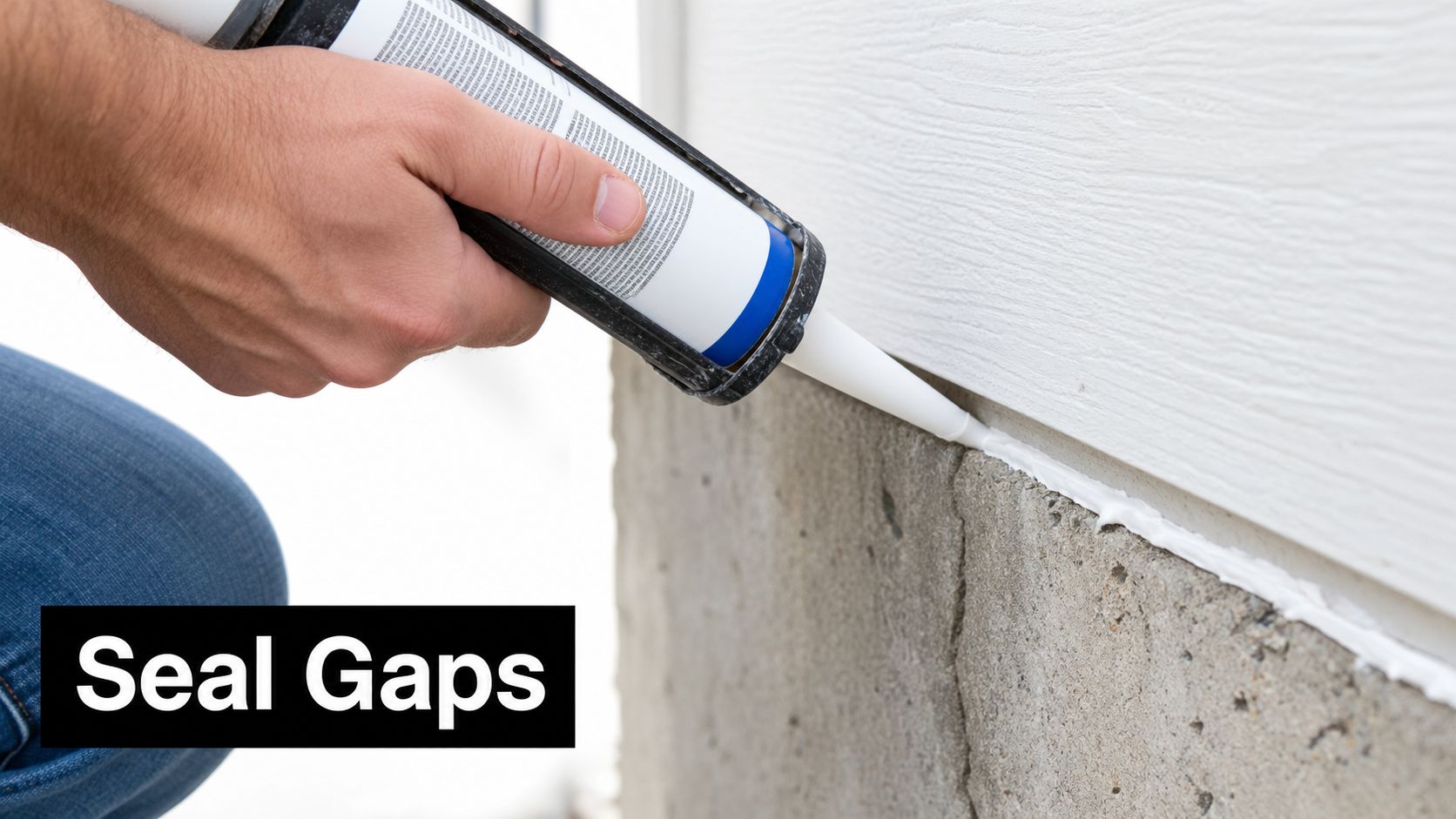 A hand using a caulk gun to apply white sealant to close gaps between wall siding and concrete foundation.