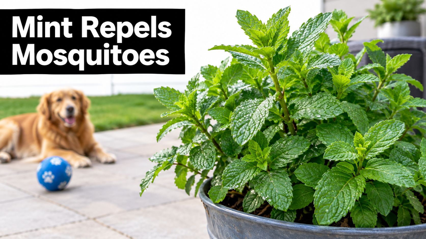 A healthy potted mint plant on a patio with a golden retriever dog resting in the background.