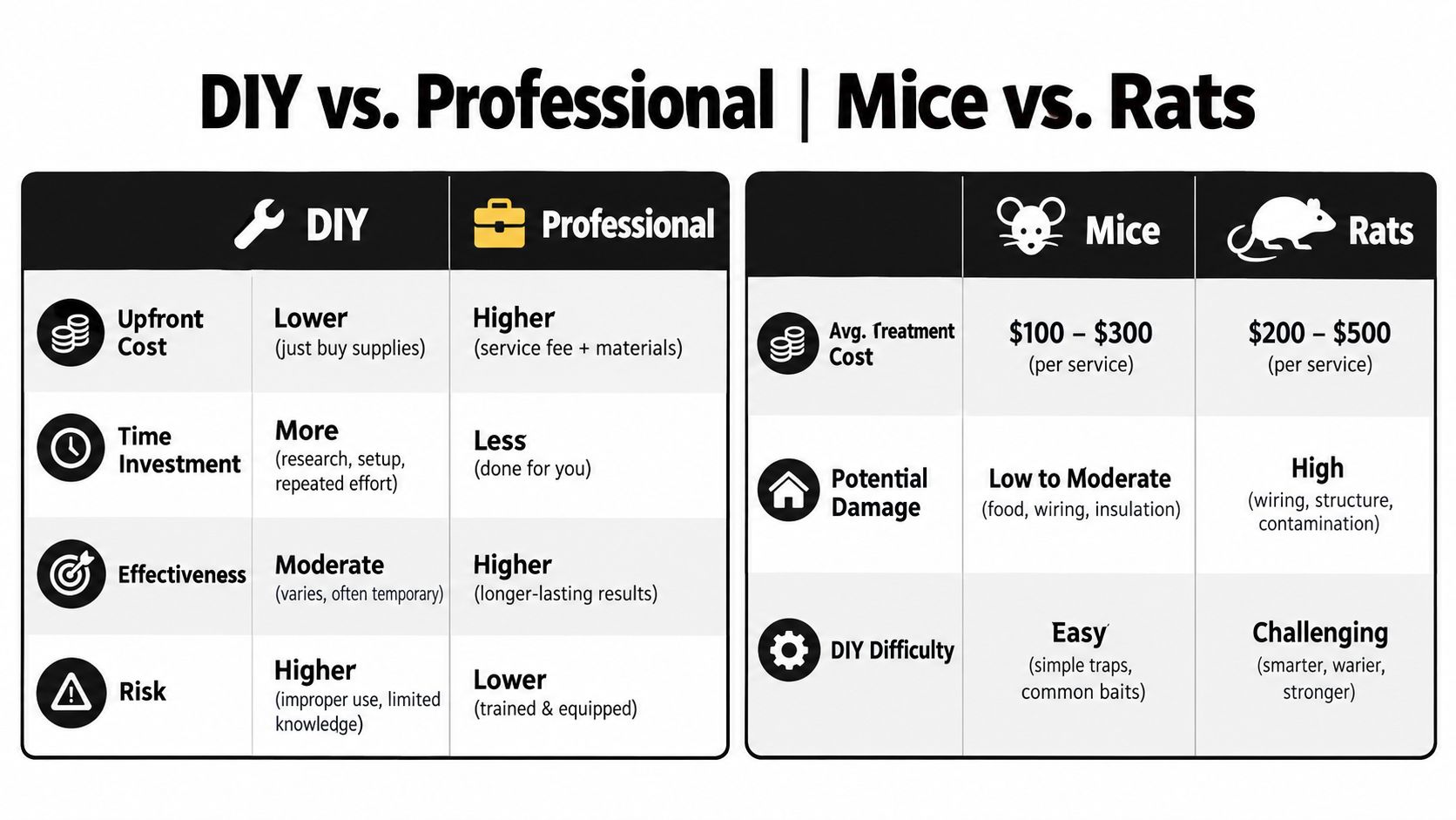 A comparison chart outlining differences between DIY and professional rodent control, and cost differences for mice versus rats.