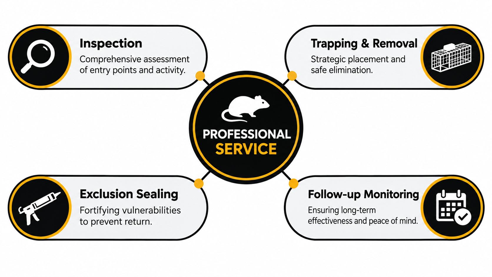A four-step infographic illustrating professional rodent control services including inspection, trapping, exclusion sealing, and follow-up monitoring.