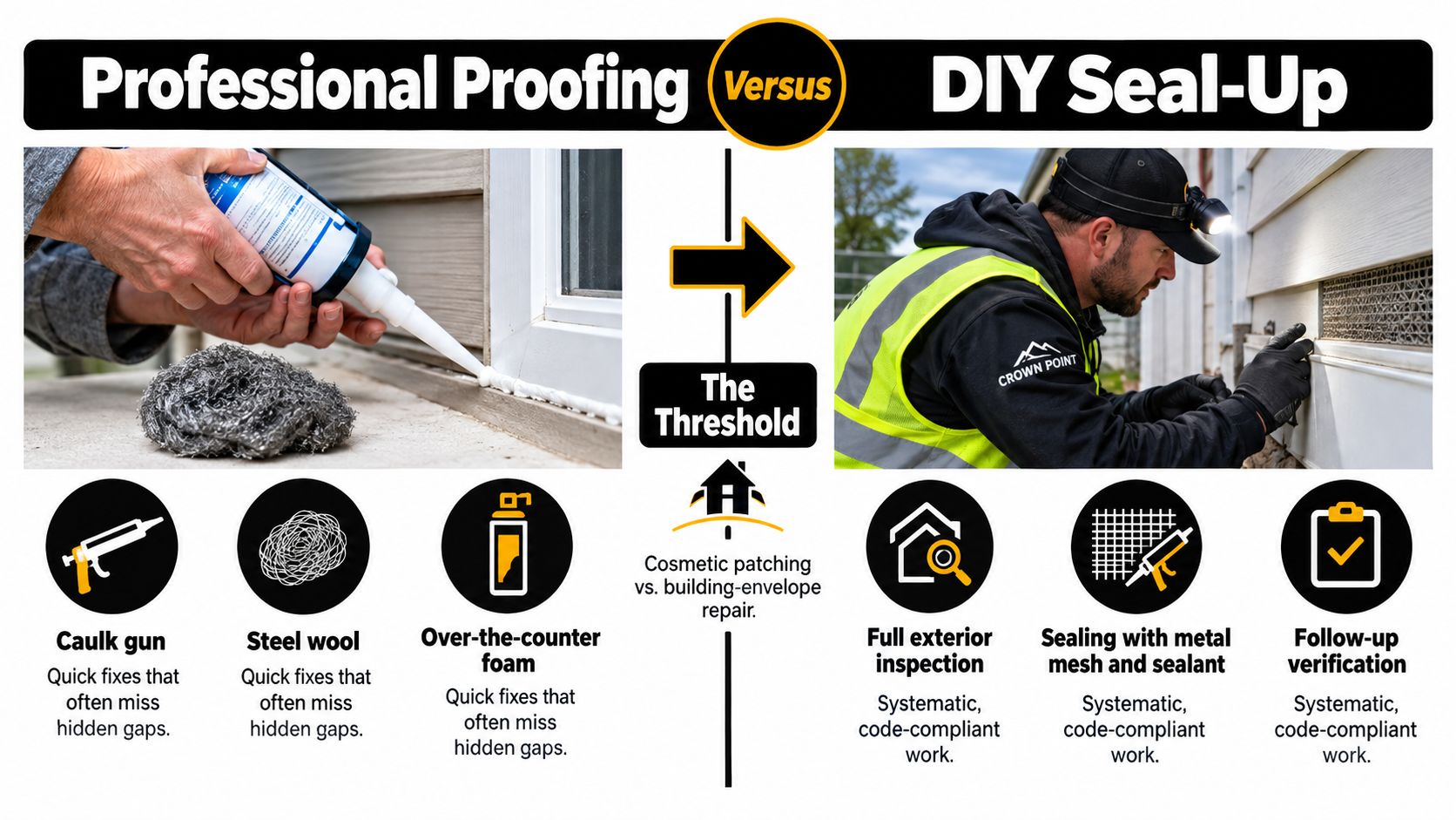A comparison graphic showing DIY sealing tools versus professional rodent exclusion services and building envelope repairs.