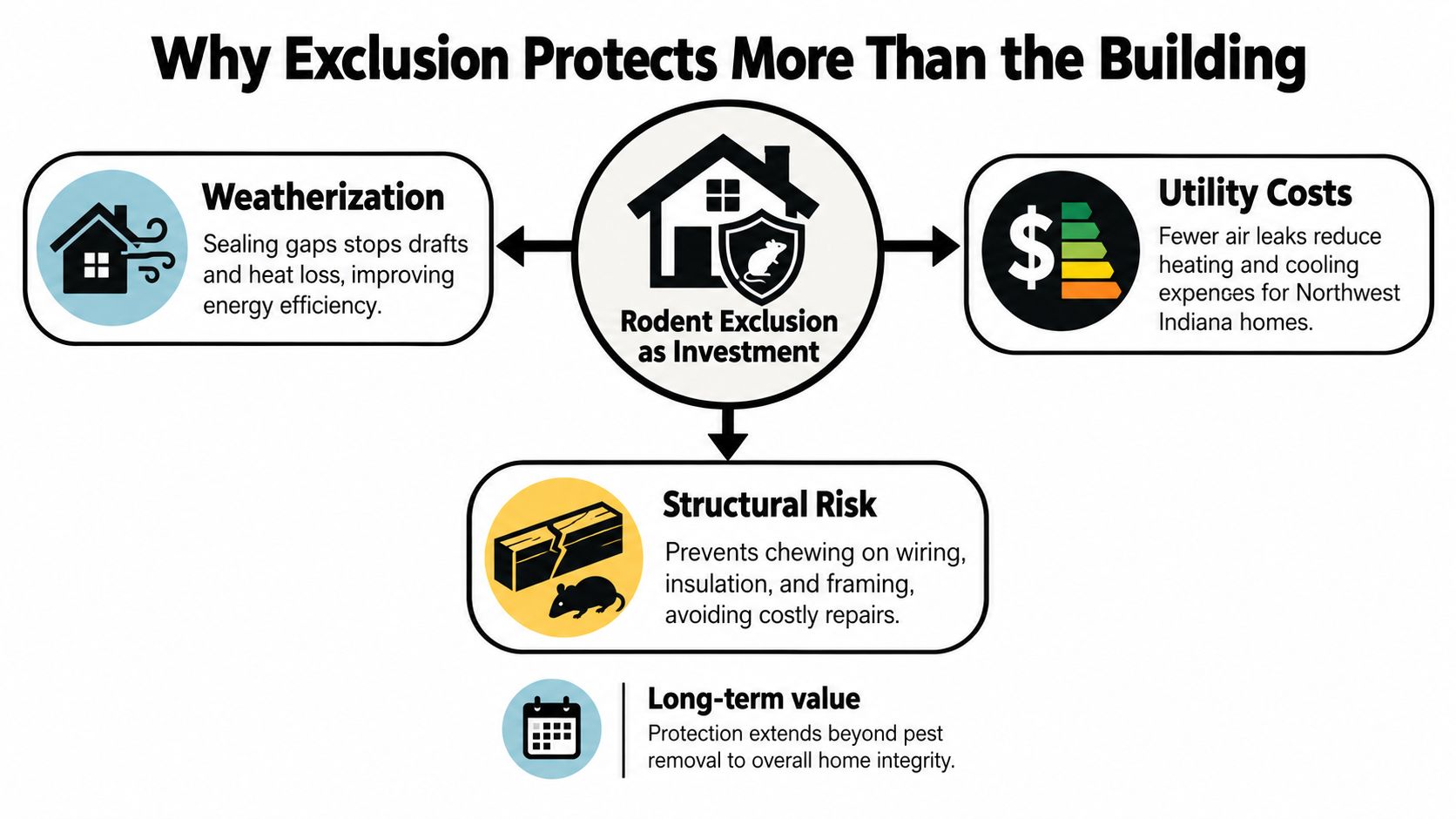 An infographic illustrating how rodent exclusion protects homes by improving energy efficiency, reducing utility costs, and preventing structural damage.