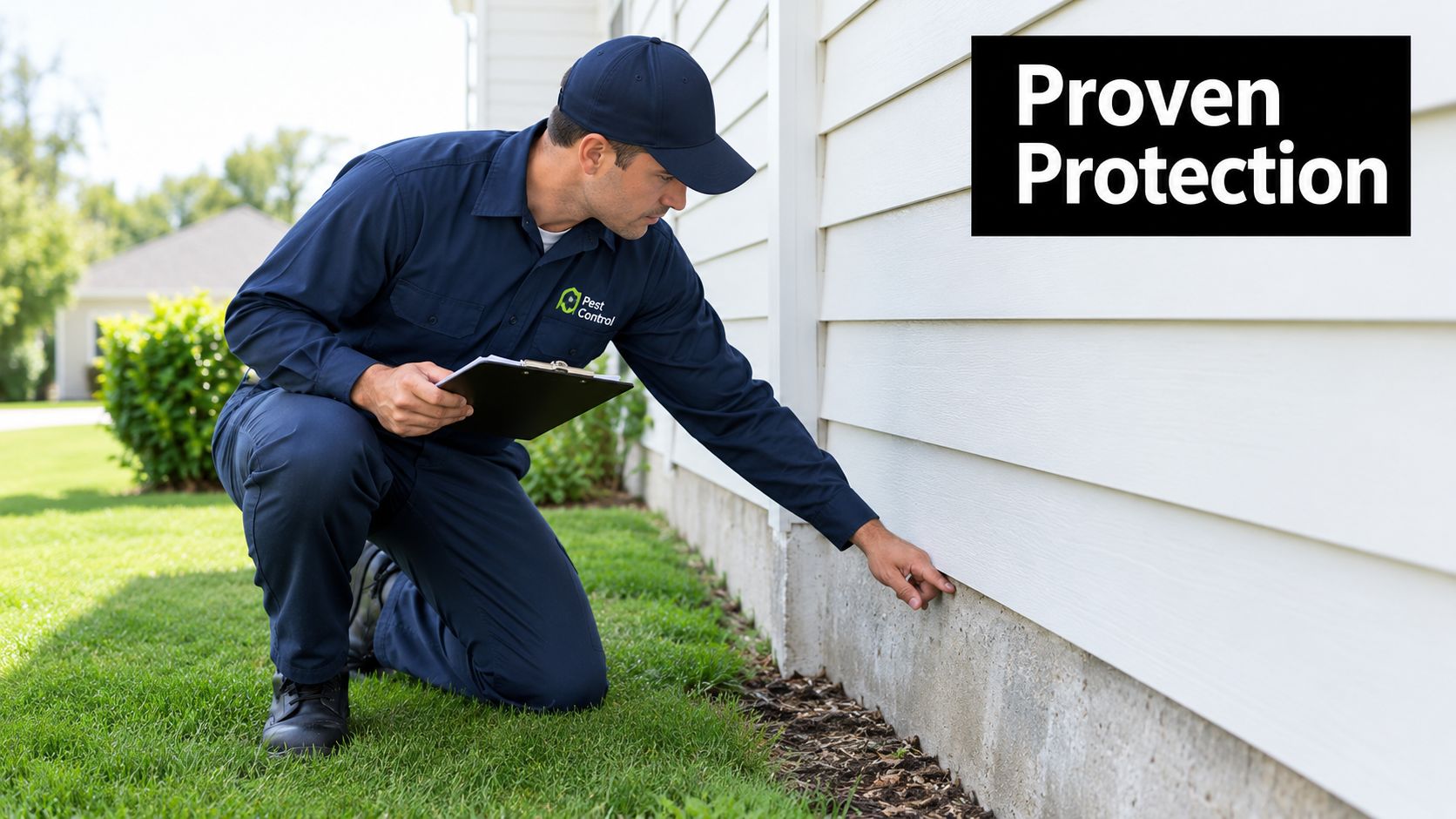 A professional pest control technician inspects the exterior foundation of a white residential house for pests.