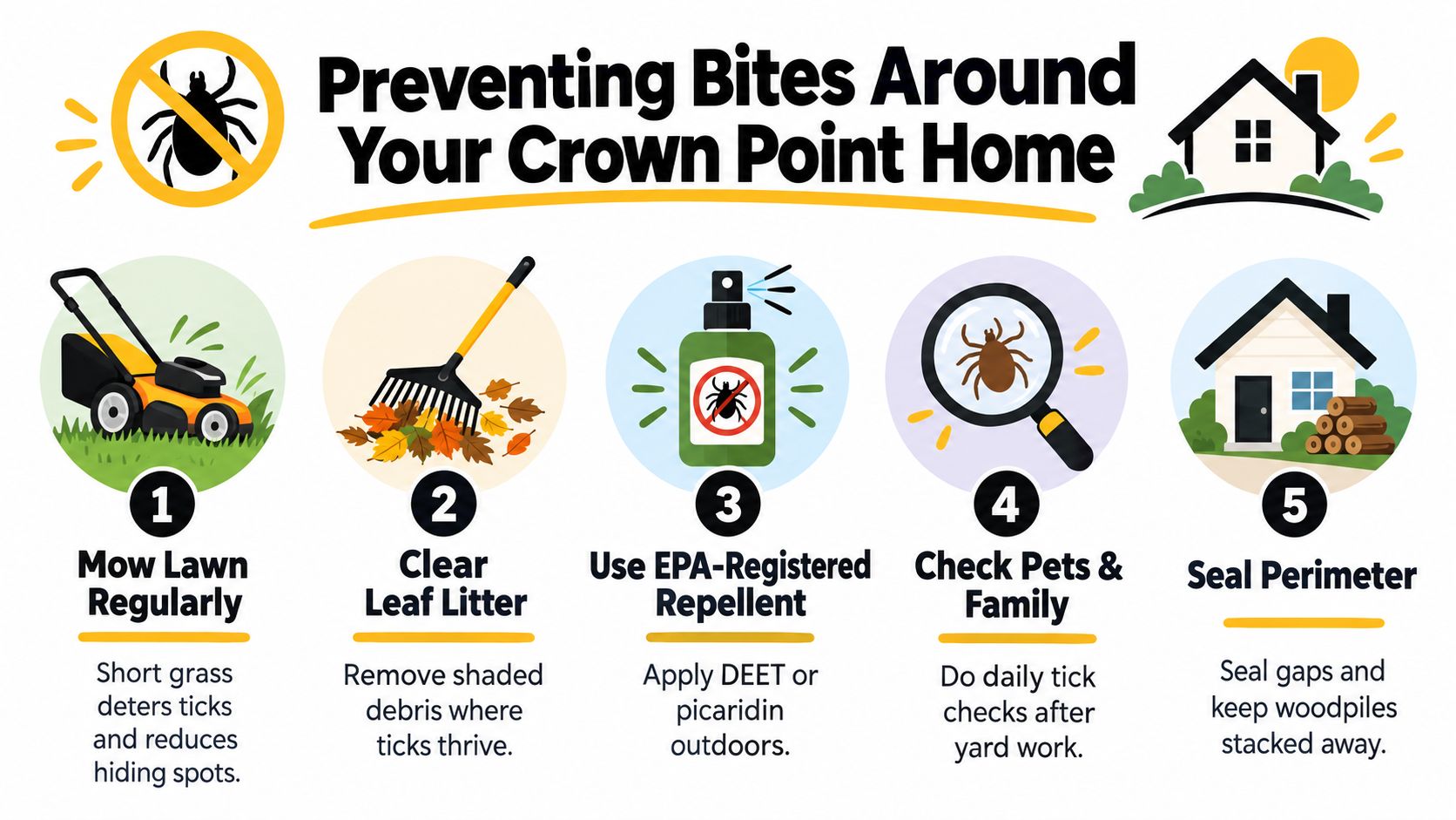 An infographic showing five tips for preventing tick bites around your home to avoid potential tick infestations.