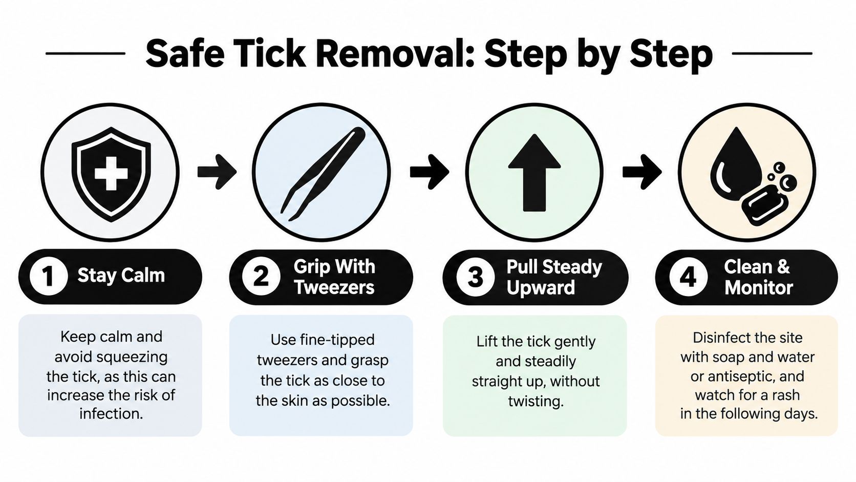 A four-step instructional infographic showing how to safely remove a tick using tweezers and cleaning the site.