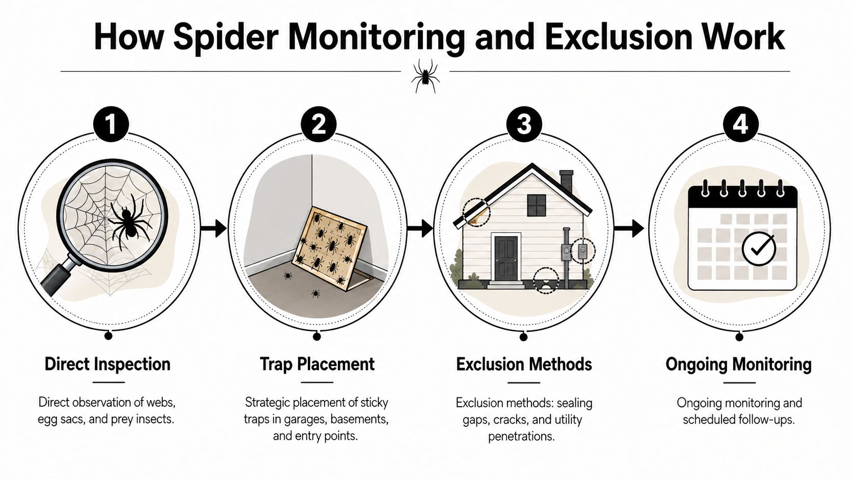 A four-step infographic illustrating spider inspection and exclusion methods for residential pest control services.