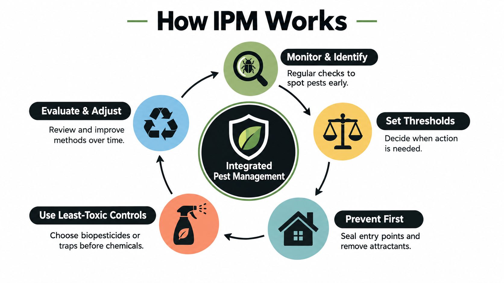 A circular infographic detailing the five steps of an Integrated Pest Management process for effective pest control.