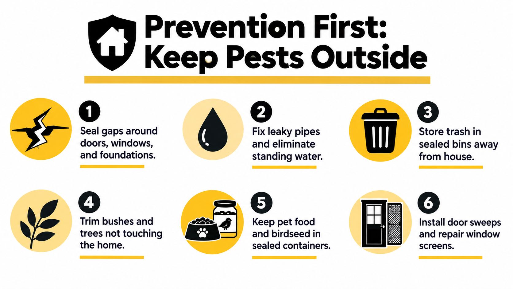 An infographic titled Prevention First showing six numbered tips for keeping pests out of your home.