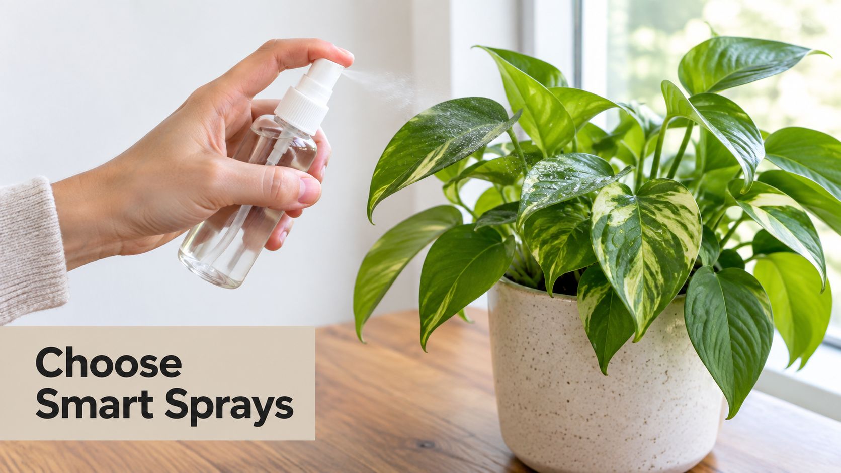 A person's hand spraying a mist of water onto the green leaves of a houseplant in a pot.