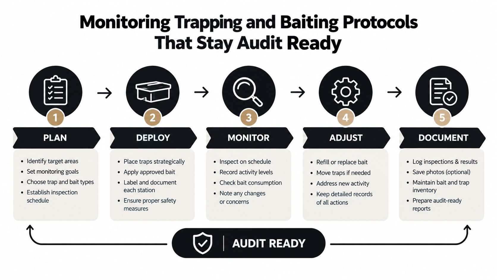 A five-step flowchart outlining professional monitoring, trapping, and baiting protocols for effective pest management and audit readiness.