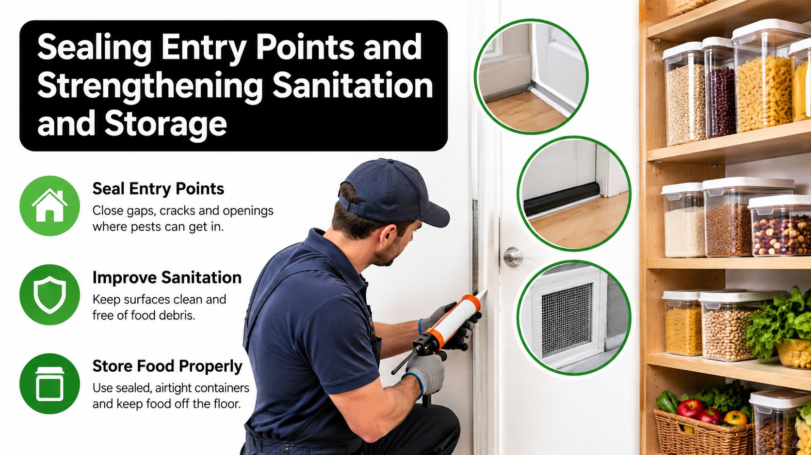 A professional technician using a caulk gun to seal gaps near a doorway to prevent pests.