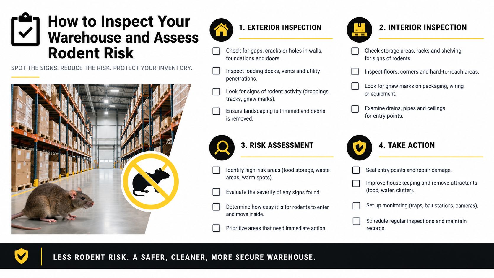 A checklist infographic detailing how to inspect a warehouse to assess and prevent rodent infestations.