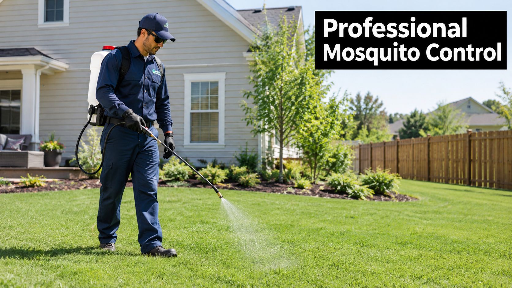 A professional pest control technician wearing protective gear sprays a green lawn to eliminate mosquitoes.