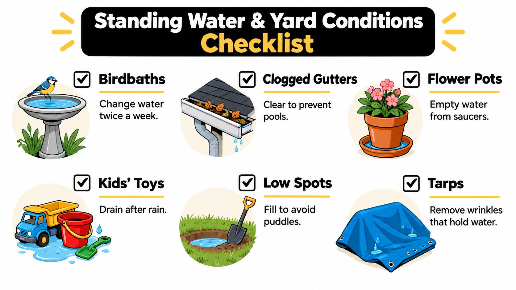An infographic checklist for identifying and preventing standing water in your yard to reduce mosquito breeding grounds.