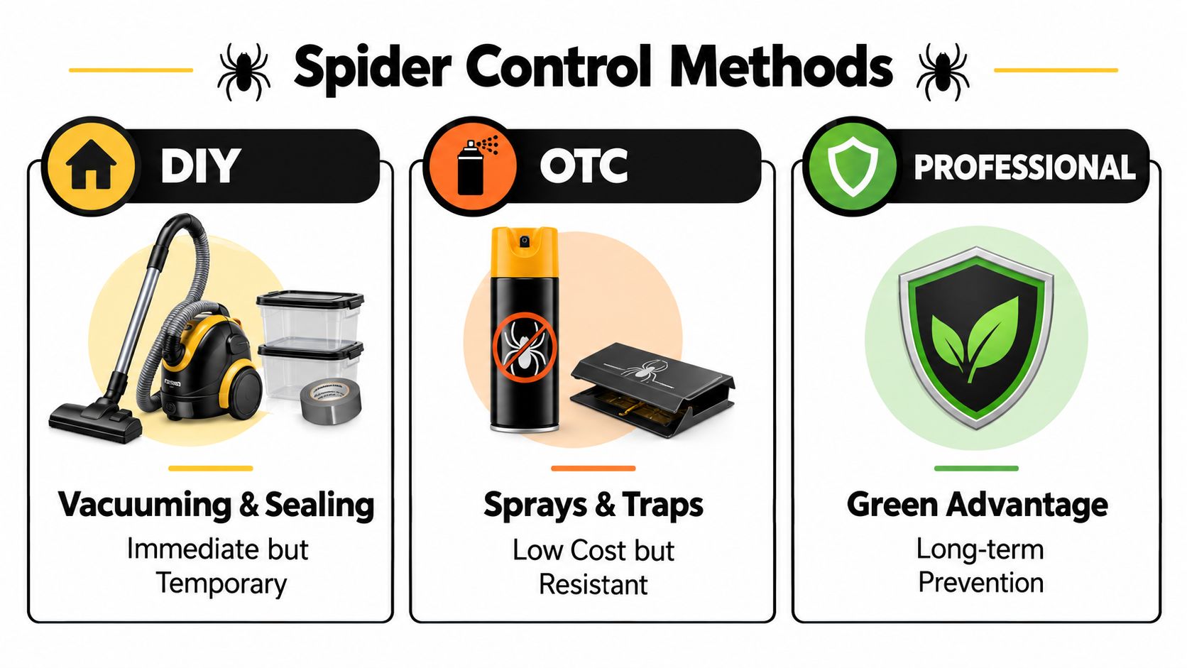 A visual guide illustrating three different methods for spider control: DIY vacuuming, OTC sprays, and professional green solutions.