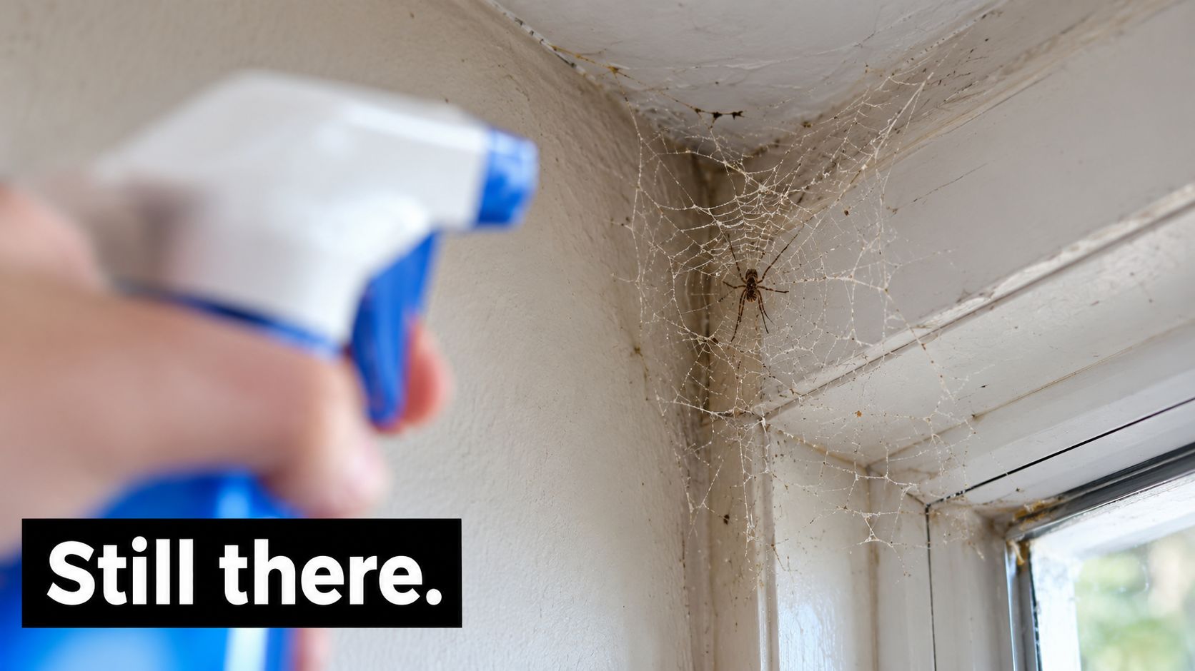 A person holds a blue spray bottle while pointing it at a spider web in a corner.