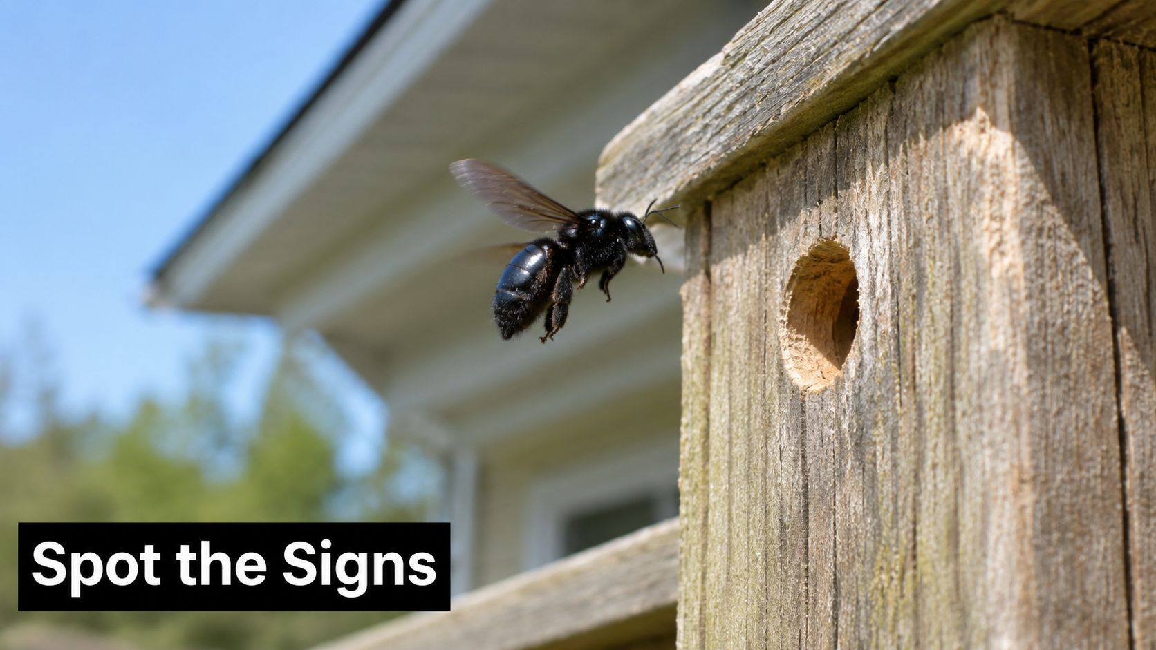 A black carpenter bee flying towards a perfectly round hole drilled into a wooden post outside.