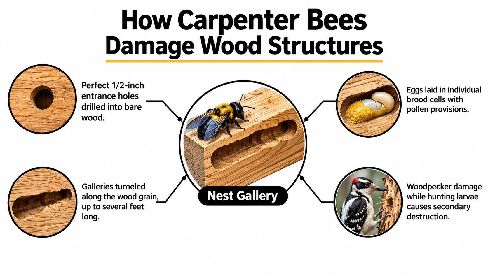 An infographic showing how carpenter bees drill entrance holes and create nesting galleries in wooden structures.