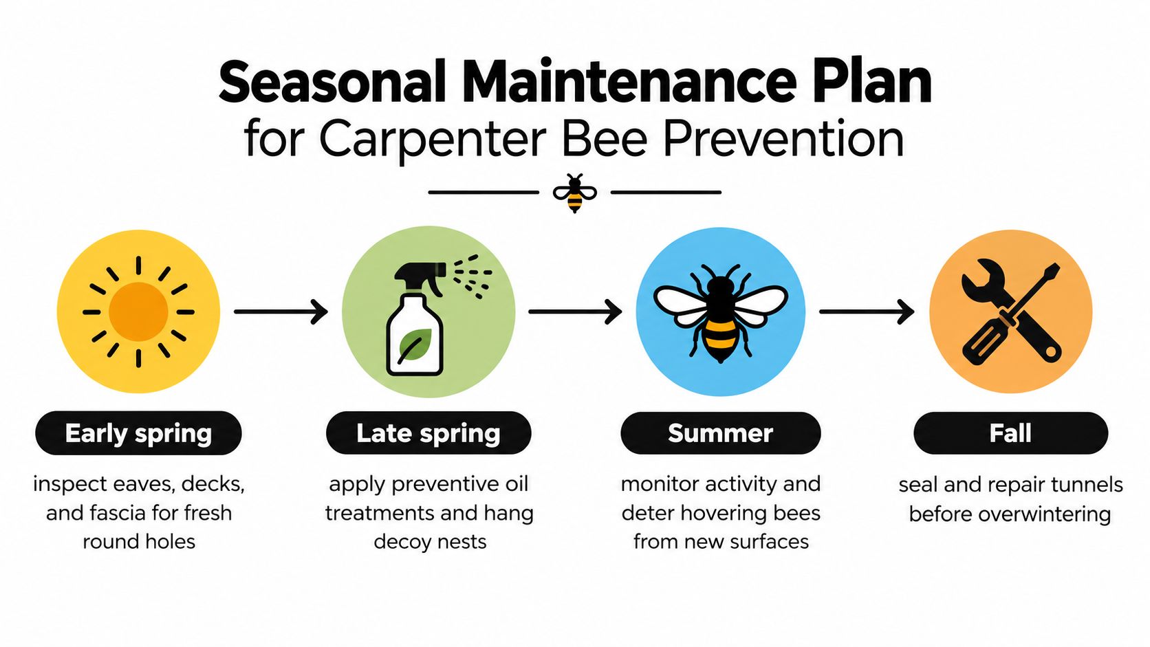 An infographic showing a seasonal maintenance plan for preventing carpenter bee damage on wooden home structures.