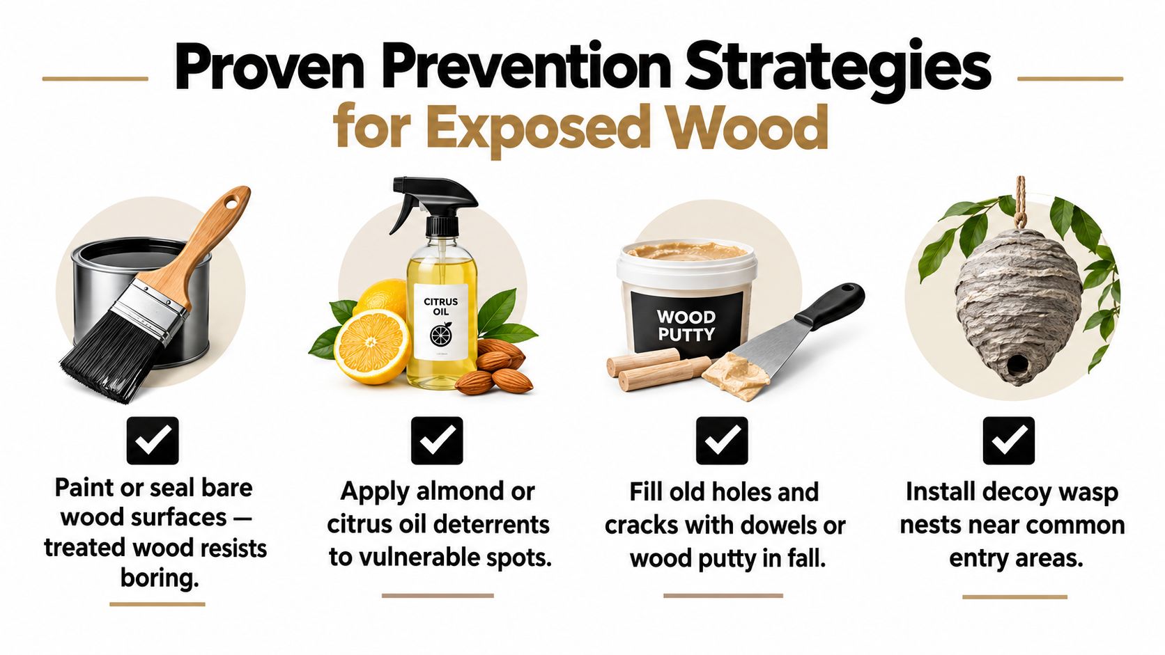 An infographic showing four proven prevention strategies for protecting exposed wood from carpenter bee damage.
