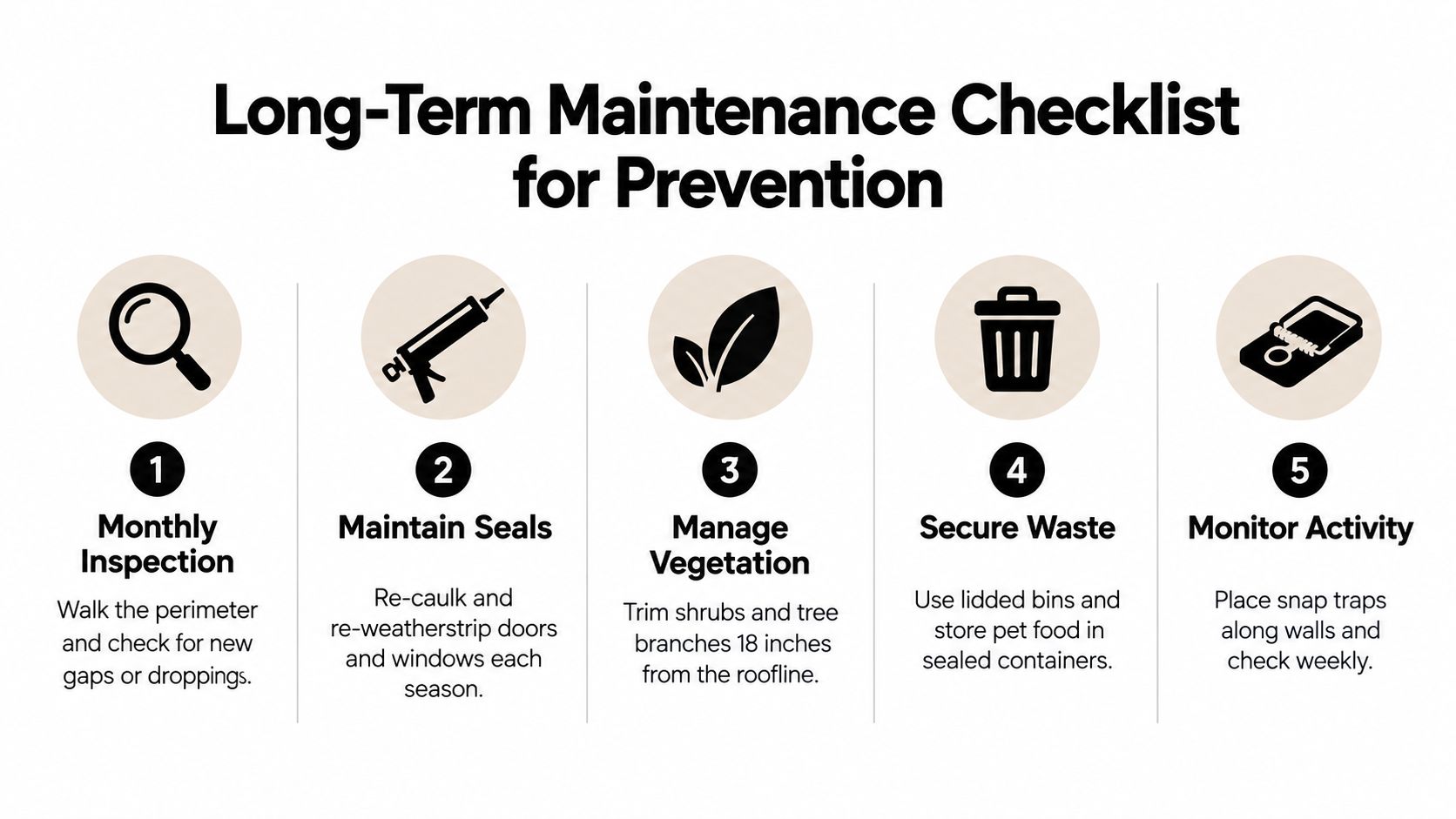 A checklist of five essential steps for effective long-term rodent proofing and home maintenance and prevention.