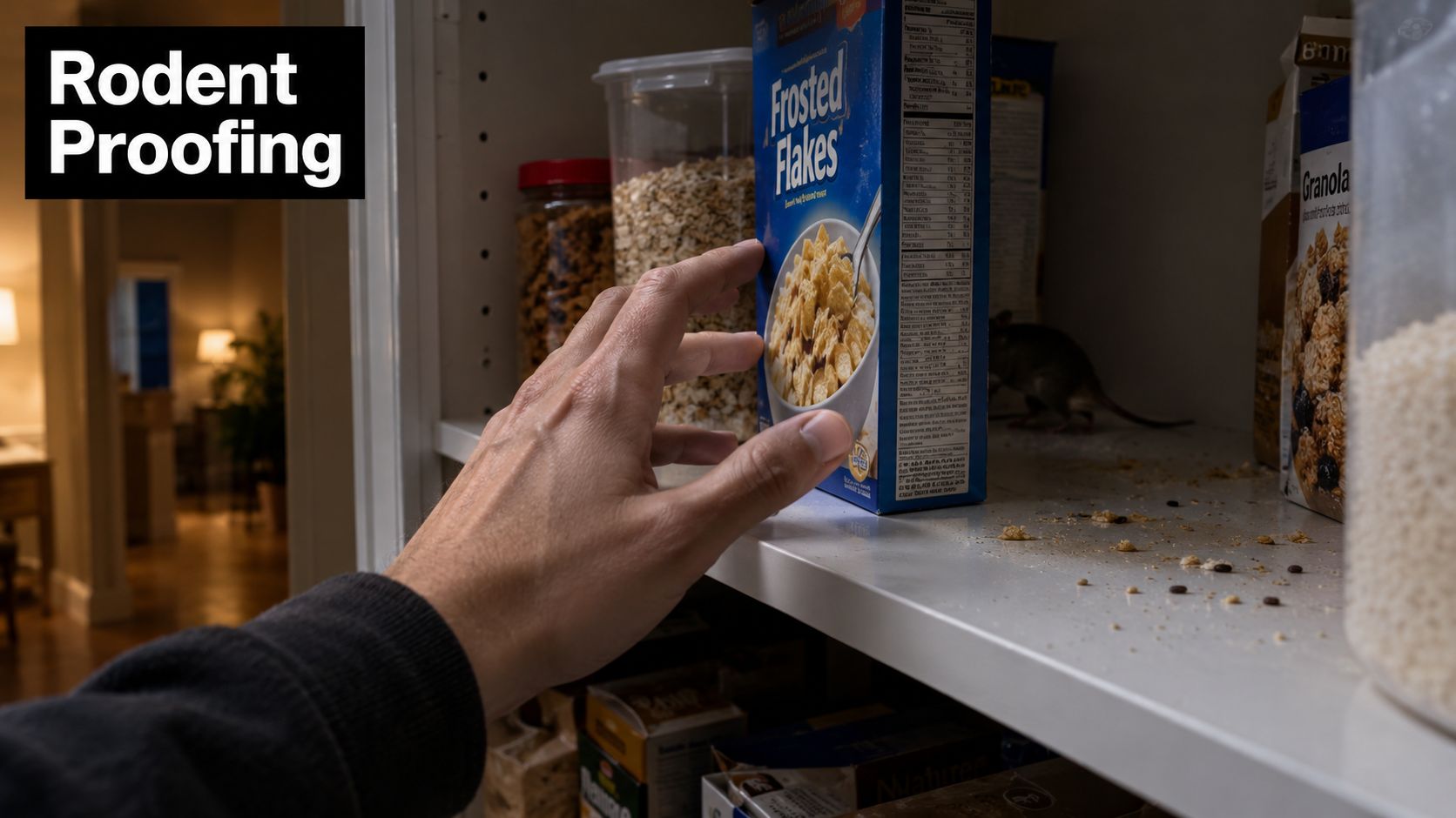 A hand reaching for a cereal box in a pantry shelf where a rodent is hiding nearby.