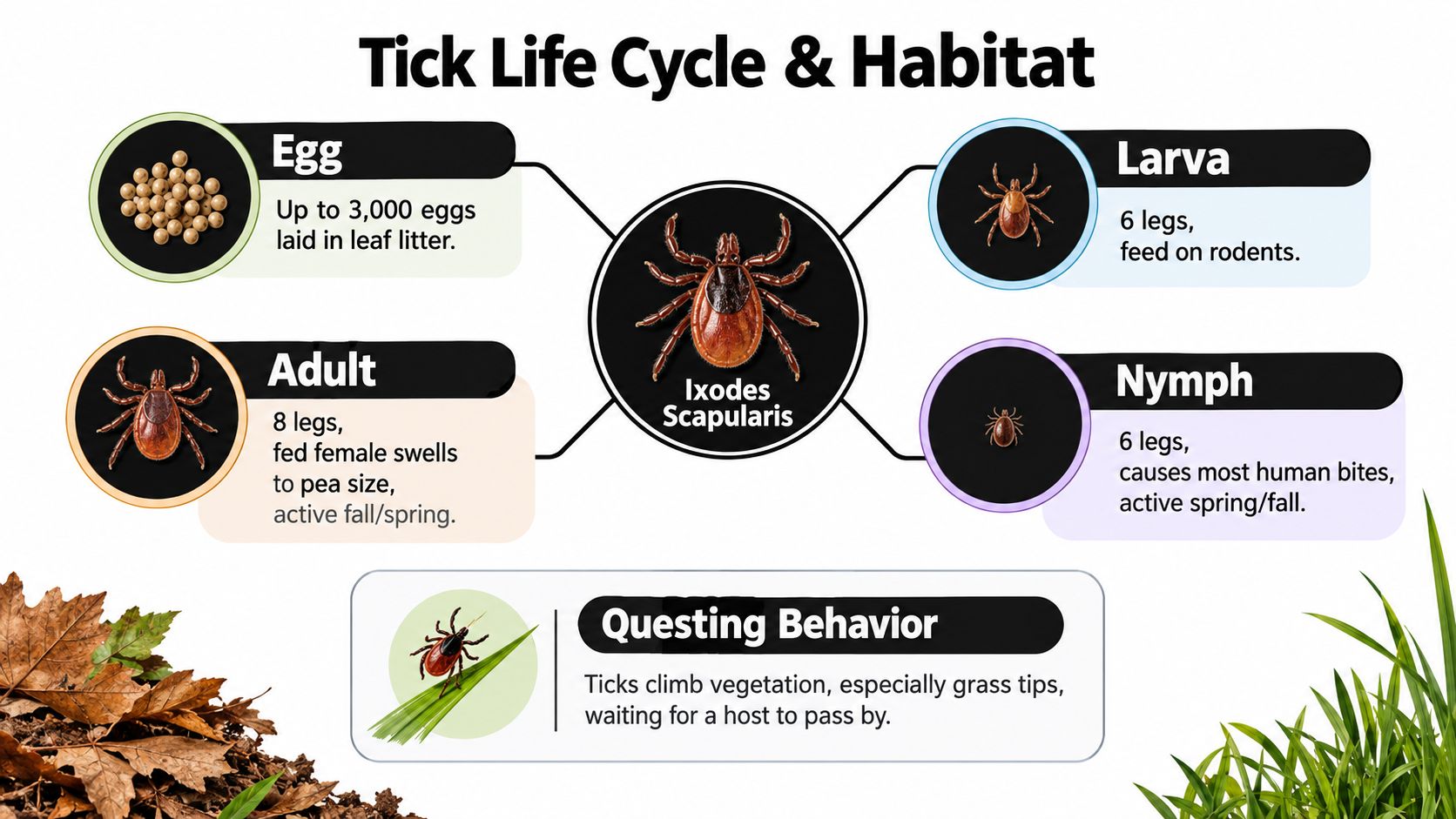 An infographic illustrating the lifecycle of an Ixodes scapularis tick, including eggs, larvae, nymphs, and adults.