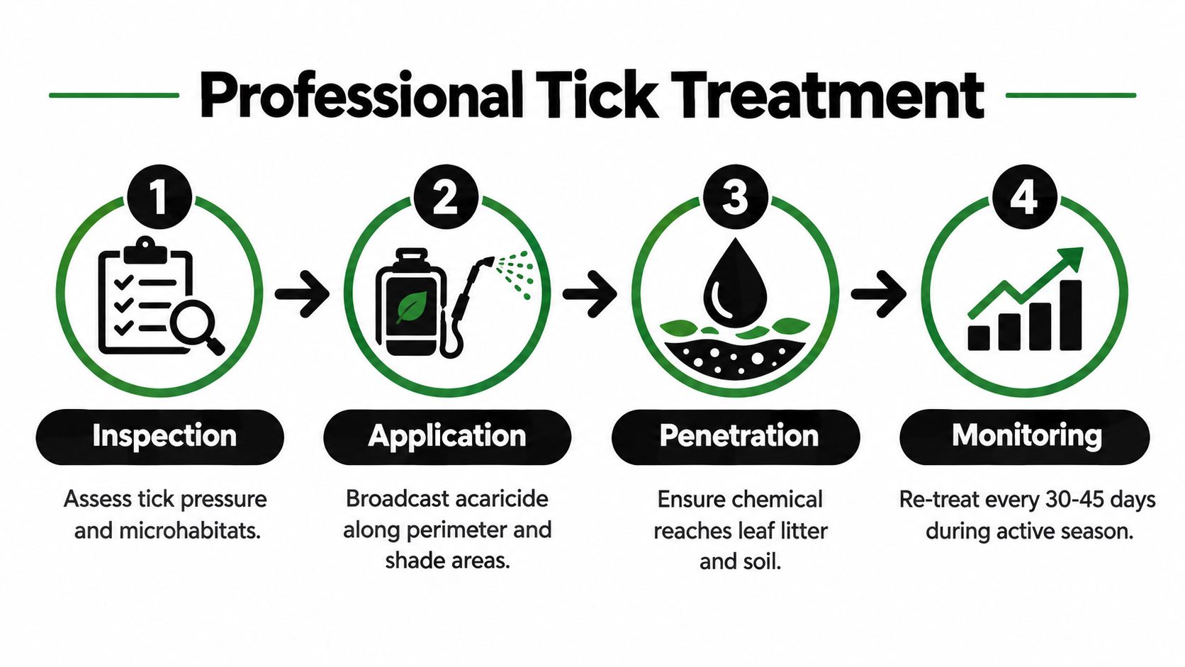 A four-step infographic illustrating the professional process for tick control treatment from inspection to monitoring.